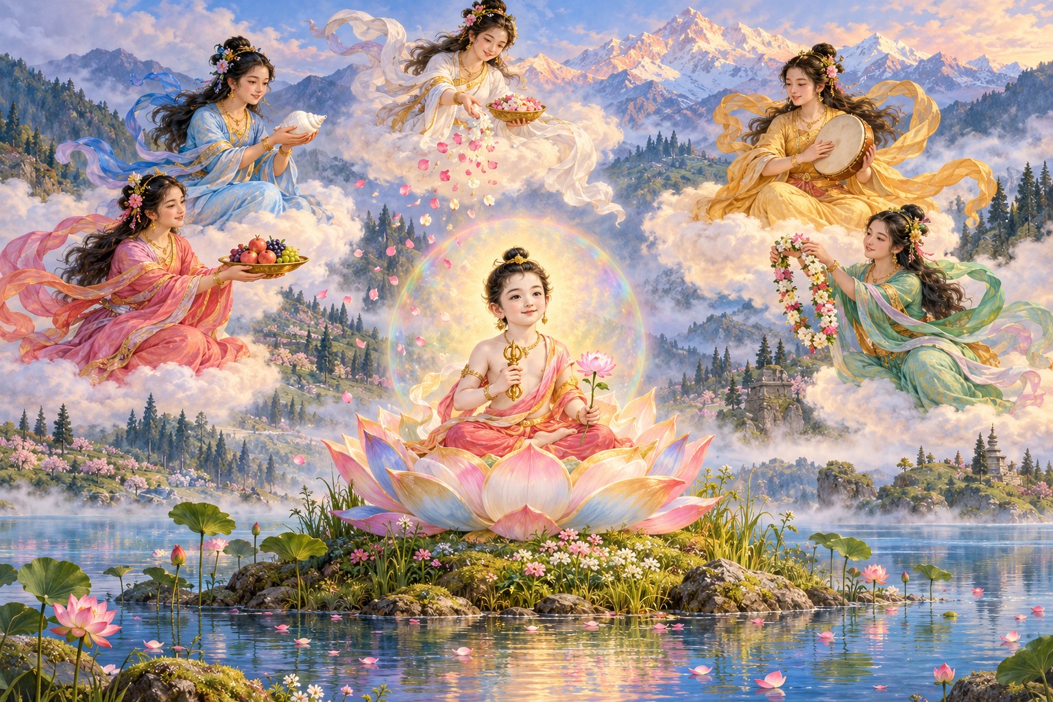 Graceful female figures in flowing colored silks float on clouds in a circle above a lotus where a small boy sits. They scatter flower petals, offer fruit and garlands, and play a small drum and a conch shell.