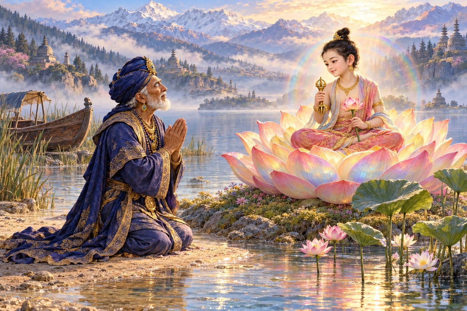 An elderly king kneels at the water's edge with his palms joined, gazing up in wonder at a calm boy seated in a large many-colored lotus, who looks kindly back at him.