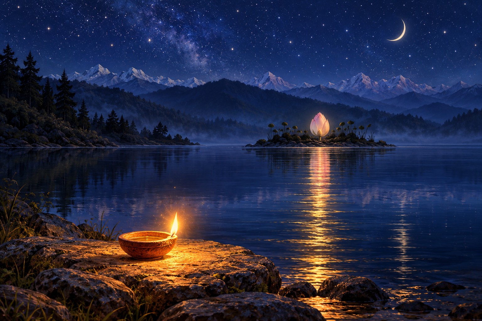 A small clay oil lamp burns on a stone at the edge of a dark, still lake, its reflection stretching across the water toward a closed lotus that glows faintly on a distant island under a crescent moon and stars.