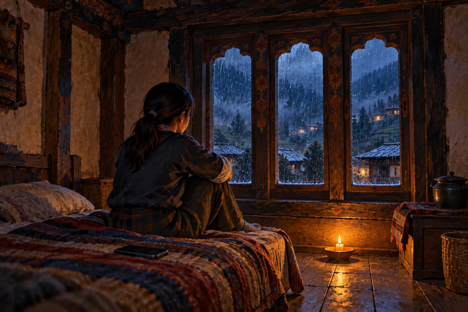 At night in a small wooden room, a girl sits on her bed with her back to us, watching rain run down a dark window, lit by one candle on the floor.