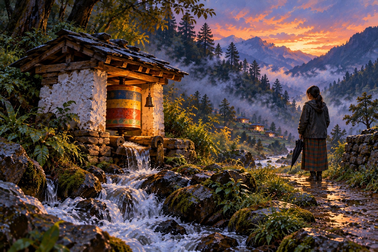 At dusk a tiny whitewashed hut sits over a rushing stream, a painted drum turning inside it; a girl with an umbrella has stopped on the path to listen.