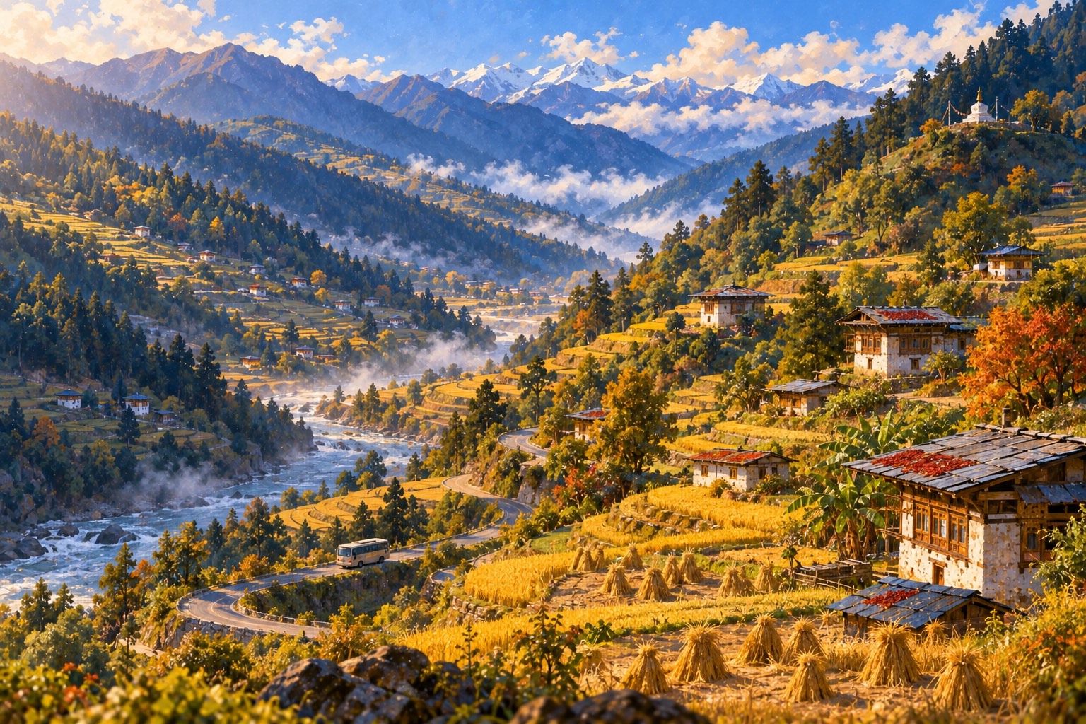 From high above, a small bus winds down a valley of golden rice terraces and white farmhouses, with a tiny white chorten on the ridge behind.
