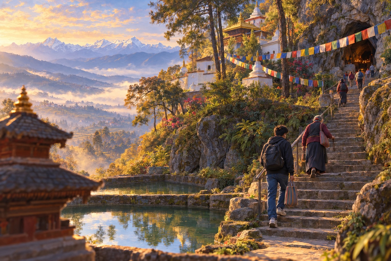 A wooded hillside with green ponds at its foot and stone steps climbing to a small cave, strung with prayer flags. Pilgrims climb, among them an old woman and a young man seen from behind.