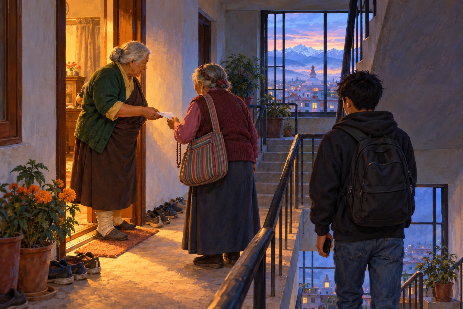 On a dim stairwell landing, an old woman with a bandaged ankle leans in her lit doorway and presses a folded note into her friend's hand, while a young man waits on the stairs.