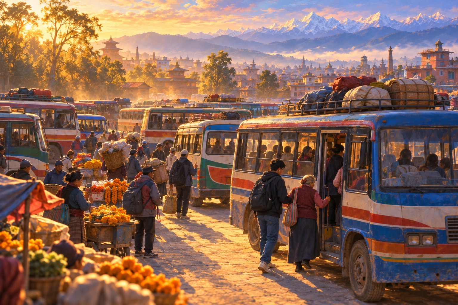 A crowded bus park in morning haze, full of old painted buses and people with bags. A young man and an old woman walk toward one bus.