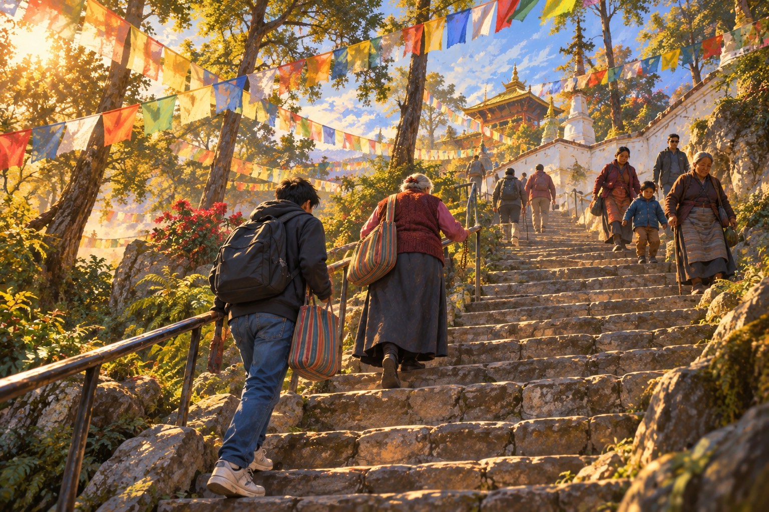 Looking up a steep stone stairway strung with prayer flags, an old woman climbs holding the rail, with a young man one step below her.