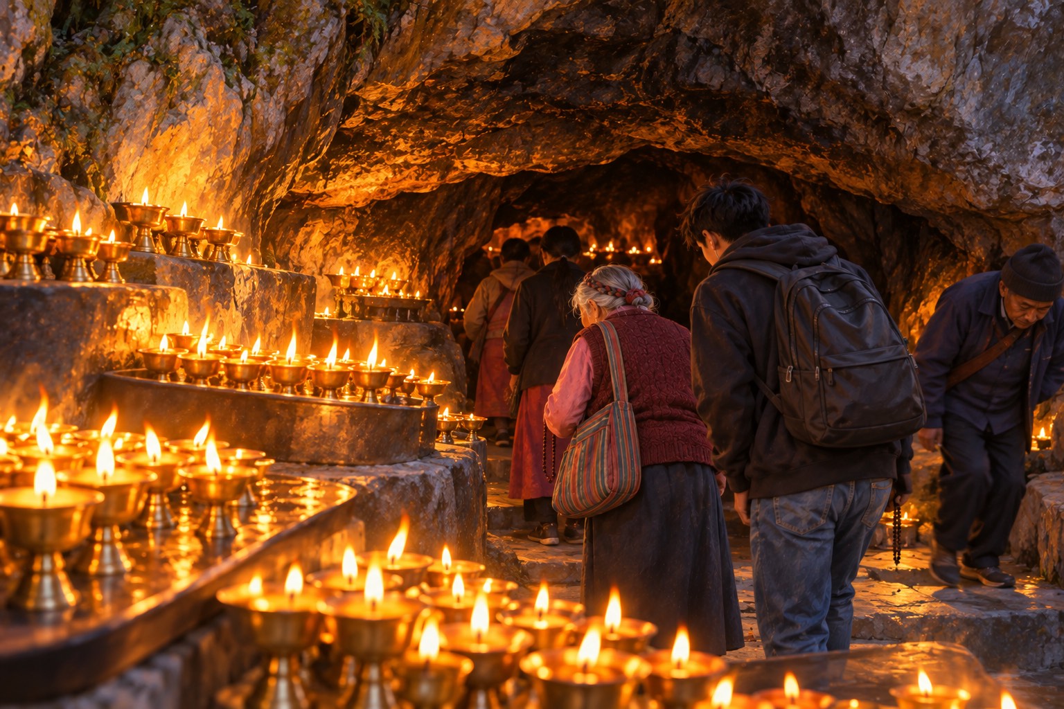 Rows of small brass butter lamps burning on ledges in front of a low, smoke-darkened cave mouth, where people bow their heads to go in one at a time.