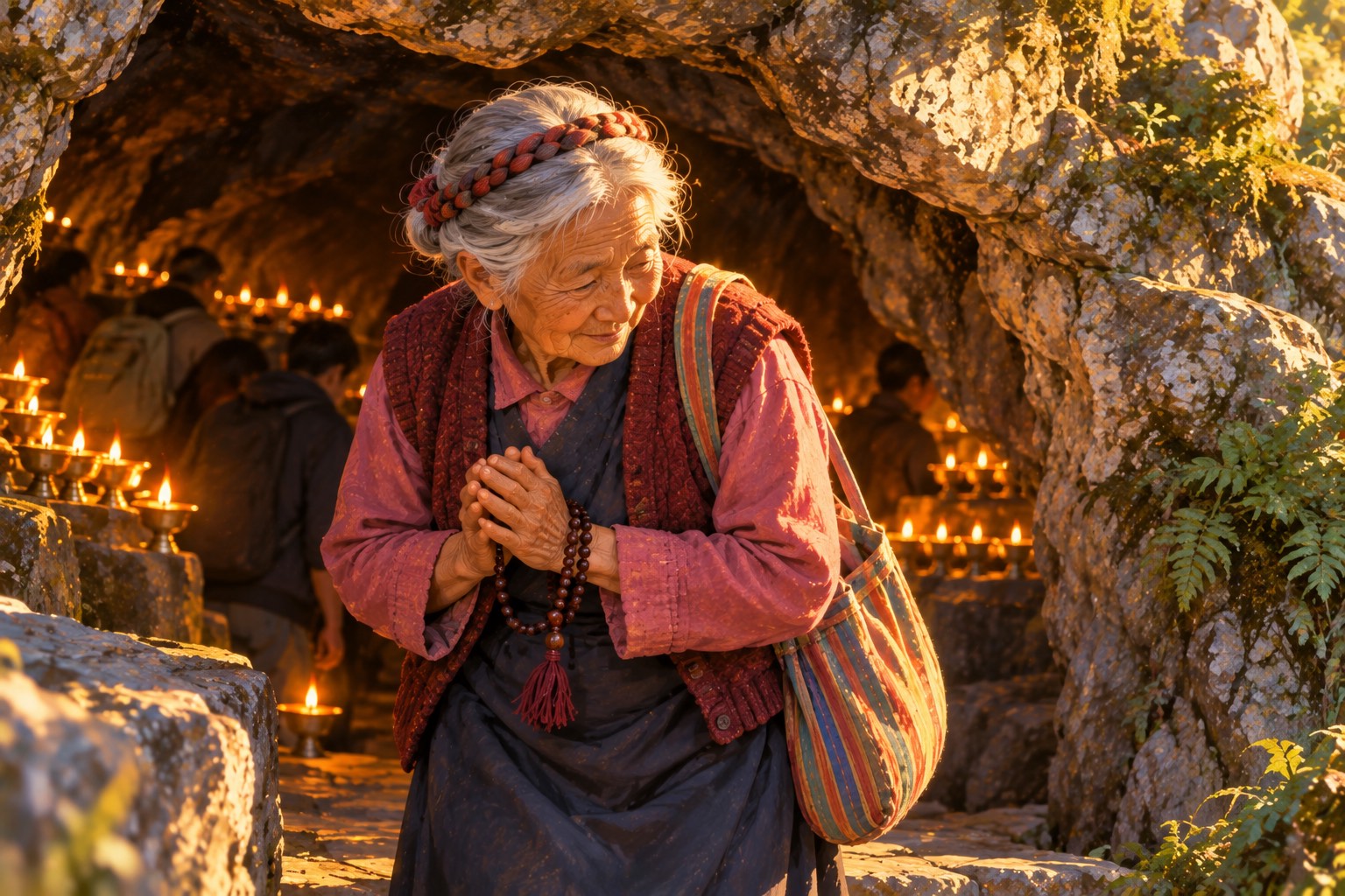 An old woman in soft profile steps out from under a low rock, blinking and smiling slightly, lit from below by lamplight.