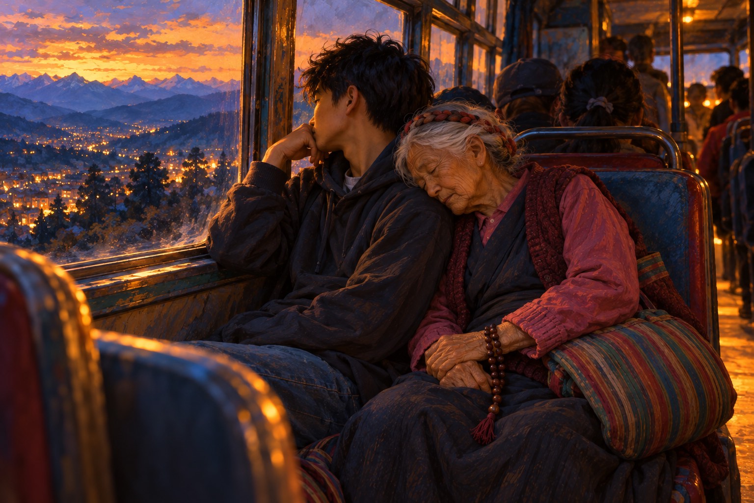 At dusk on a dim bus, a young man rests his head against the window, lips moving softly, while his grandmother sleeps on his shoulder. Valley lights glow outside.