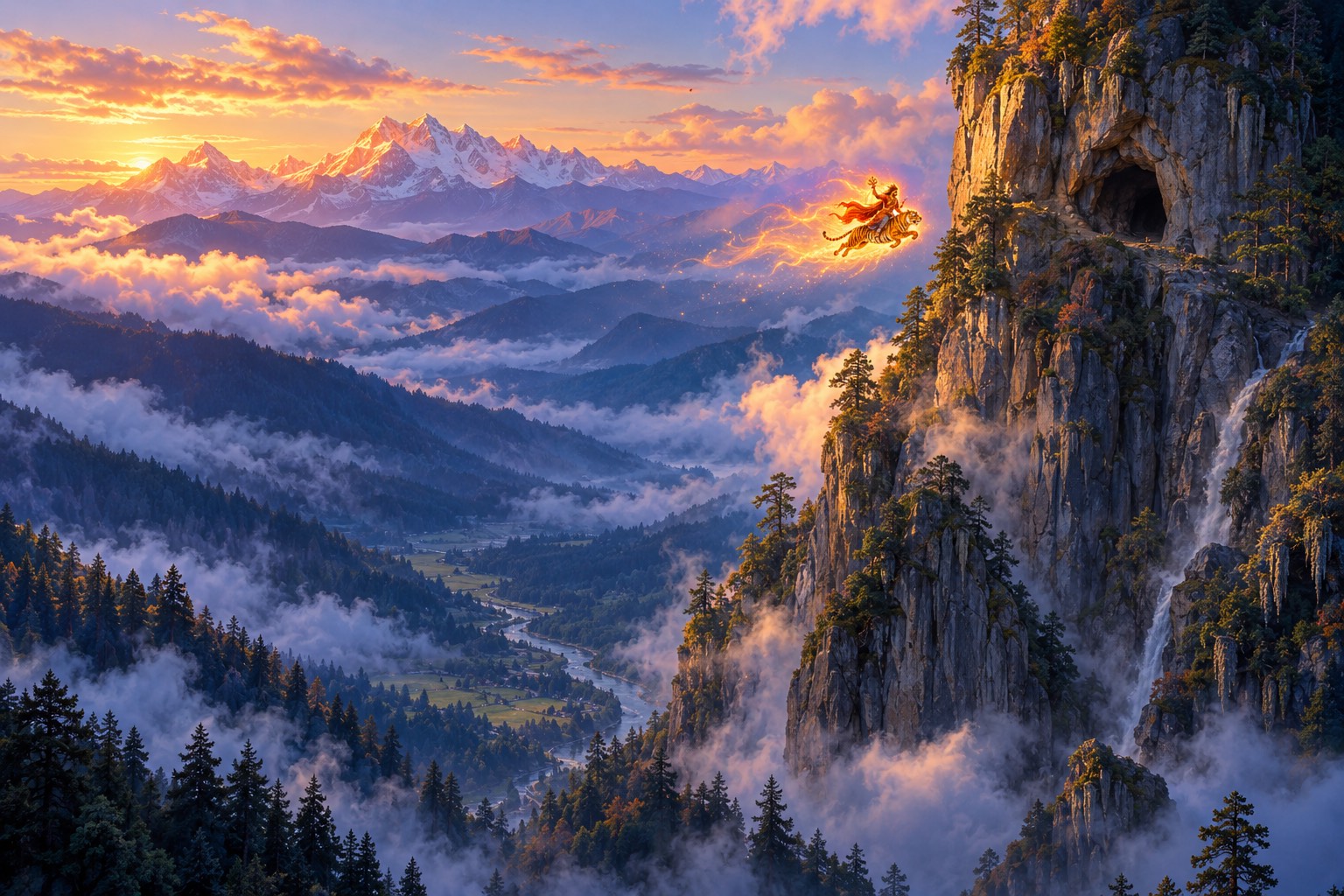 A wide dawn view from high above of a sheer granite cliff rising from pine forest over a misty valley. A small figure of flame and golden light, riding a tigress, flies toward a dark cave halfway up the cliff.