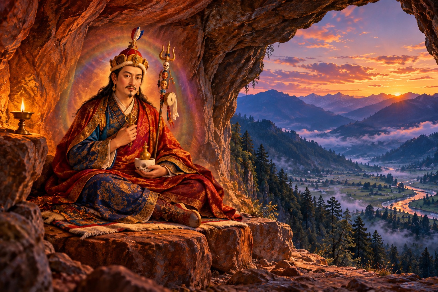 Guru Rinpoche, in his lotus hat and layered robes, sits in meditation inside a red-rock cave lit by one butter lamp. The rock behind him seems to hold the soft outline of his body. Through the cave mouth, a green valley lies in blue evening light.