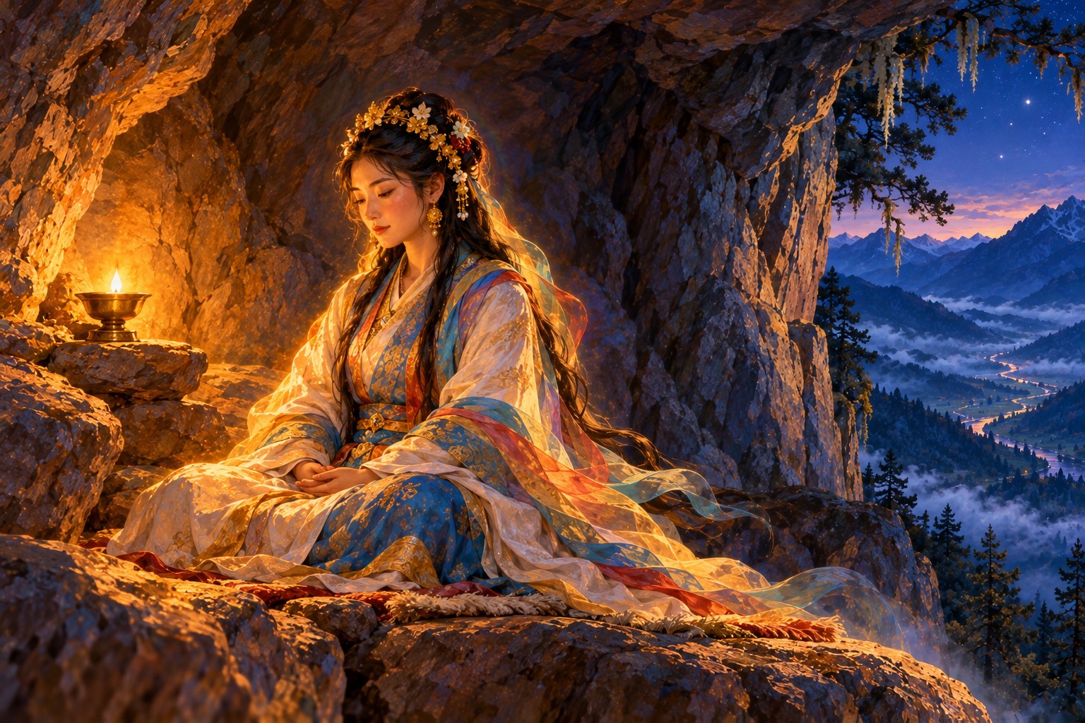 A close portrait of Yeshe Tsogyal in a dark rock cave, eyes lowered in meditation, her golden flower diadem and white and blue silks lit warmly by a butter lamp.