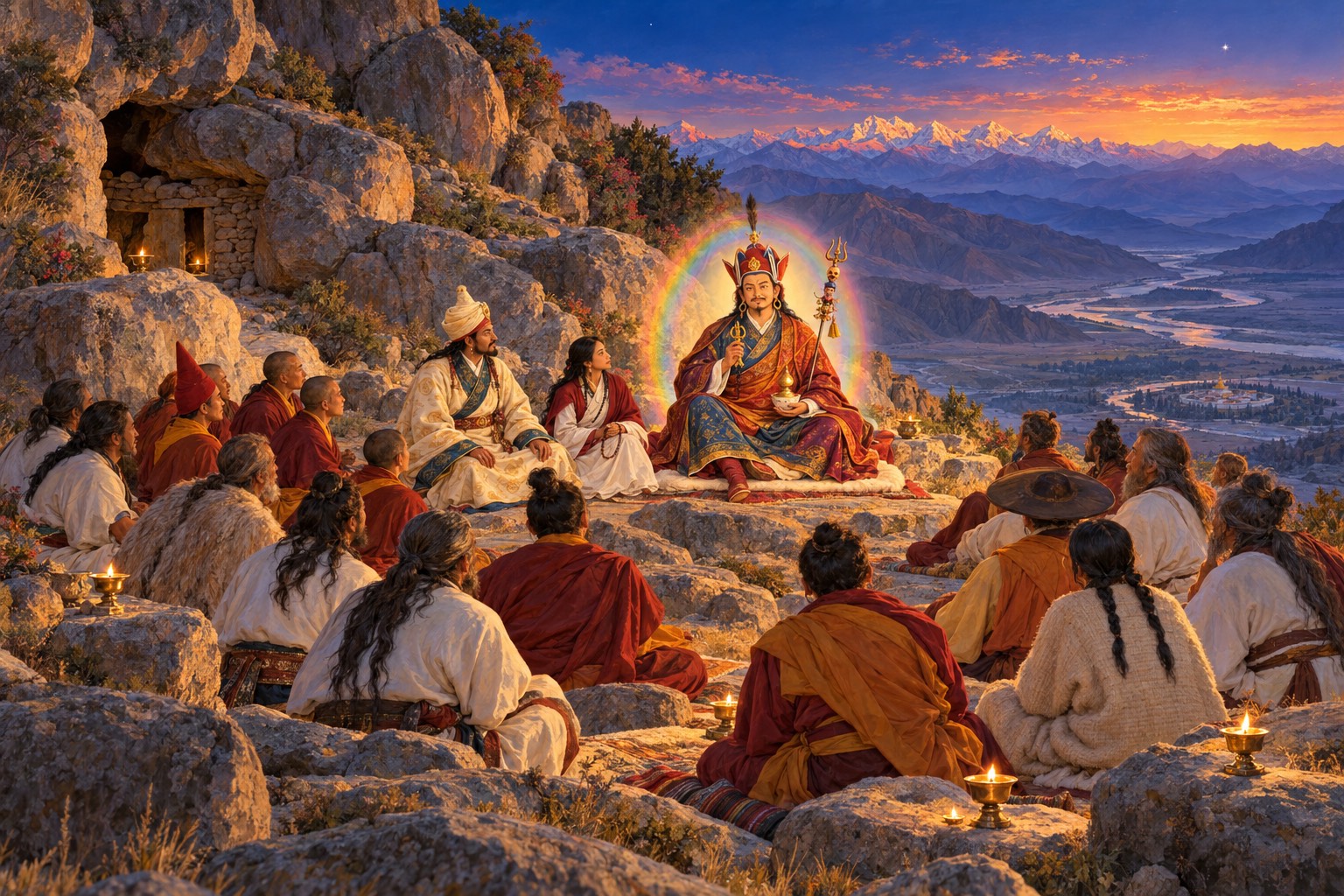 At dusk on a rocky mountainside high above a blue valley, Guru Rinpoche sits on a felt-covered rock with a soft rainbow glow, surrounded by a loose circle of about twenty-five small seated disciples: a king in a cream turban, a woman in white with a red shawl, monks in ochre-red robes, long-haired yogis in white. Small butter lamps glow on the rocks.