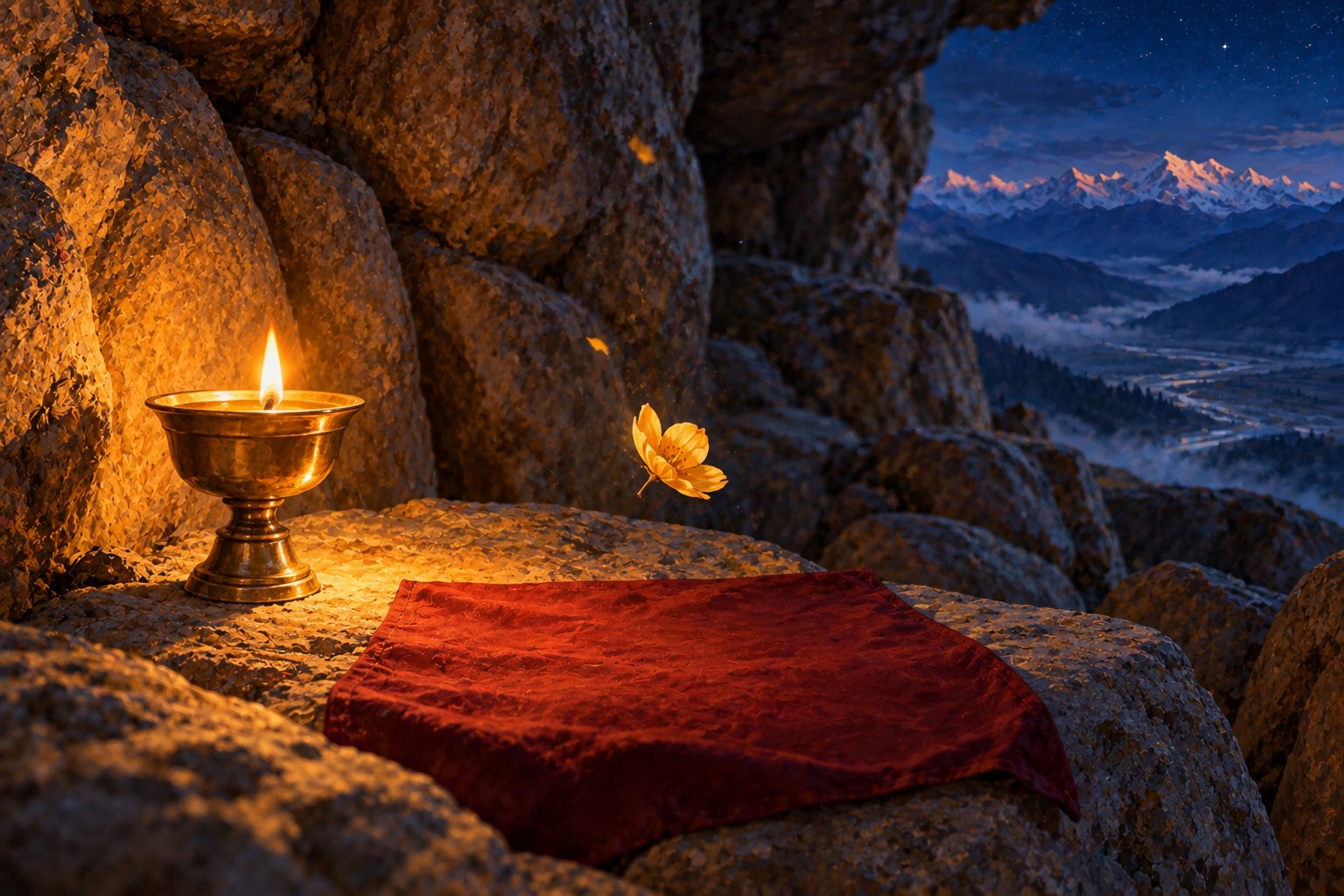 Close-up of a single golden flower falling through lamplight toward a plain dark red cloth on a rock, beside a small brass butter lamp, inside a dark cave.
