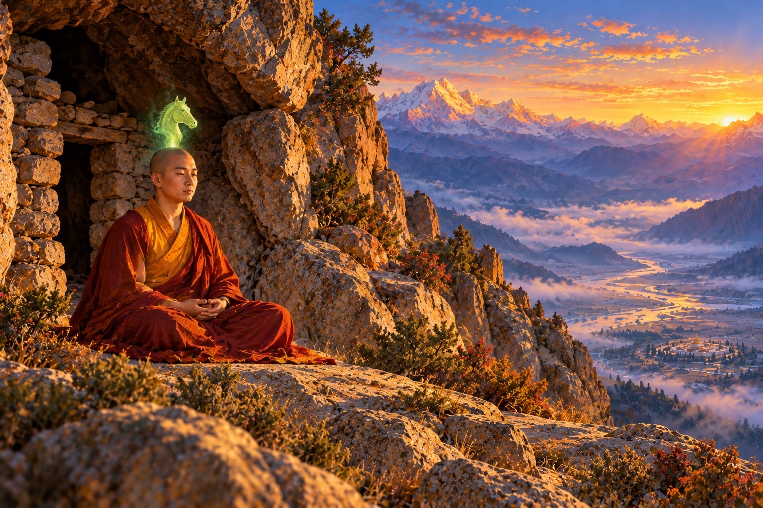 At dawn a young shaven-headed monk in ochre-red robes sits in meditation at a small cave mouth. A tiny glowing green horse's head rises softly from the crown of his head, as in traditional paintings.