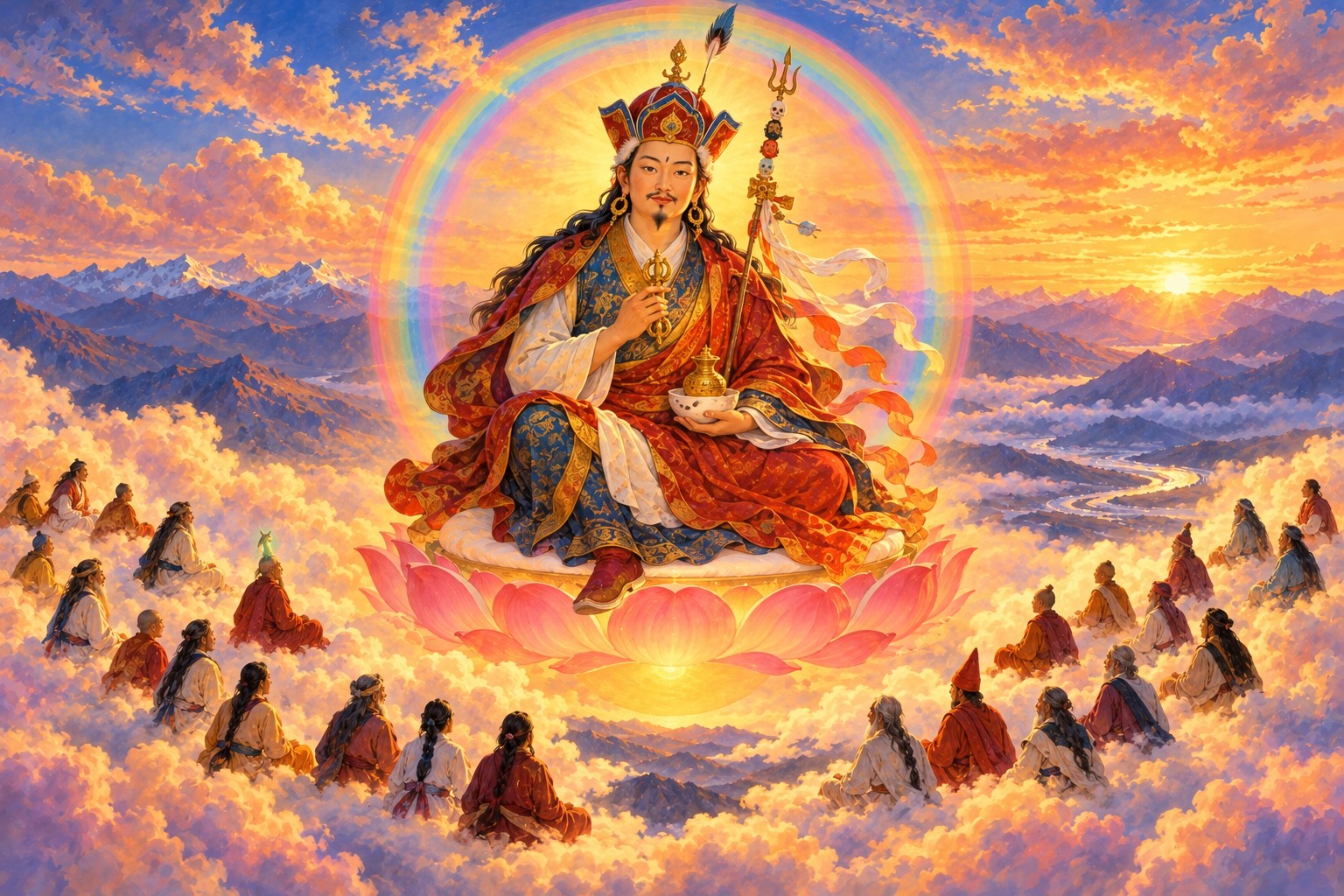 Guru Rinpoche seated on a lotus inside a rainbow sphere in a golden dusk sky, with a wide, soft arc of tiny seated disciples among the clouds below him.