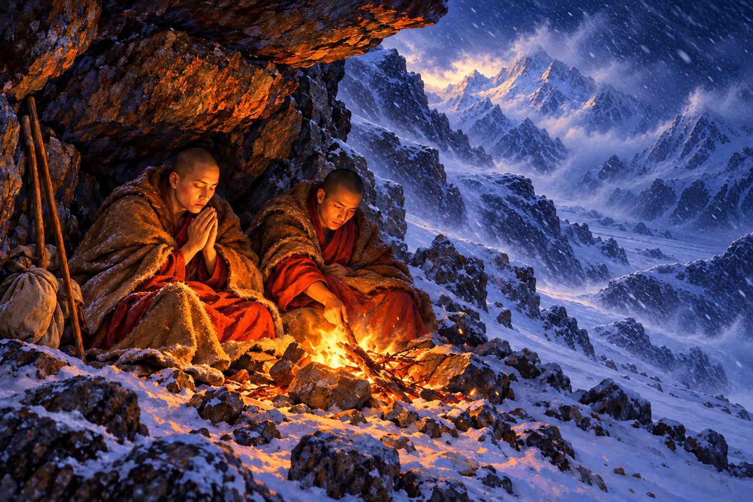 Two young monks in felt cloaks huddle by a tiny fire under a rock overhang while snow blows through the dark outside.