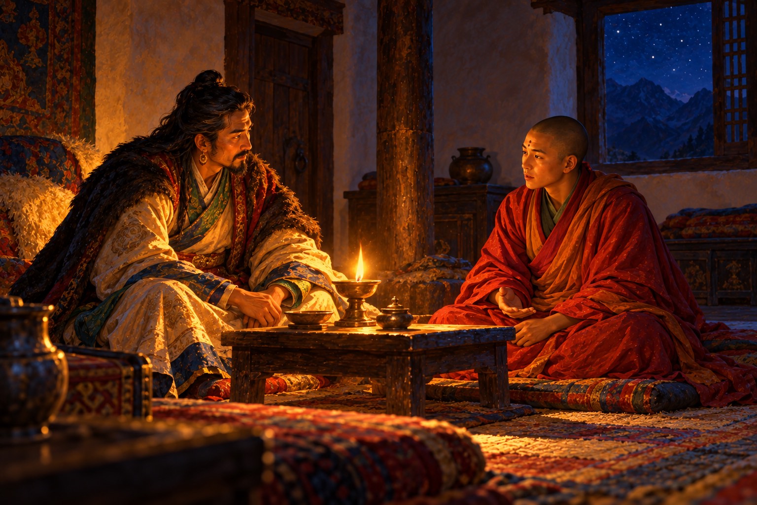 By the light of one small lamp, a monk in a pointed red hat sits facing a Tibetan king in a dark cloak in a small whitewashed room at night.