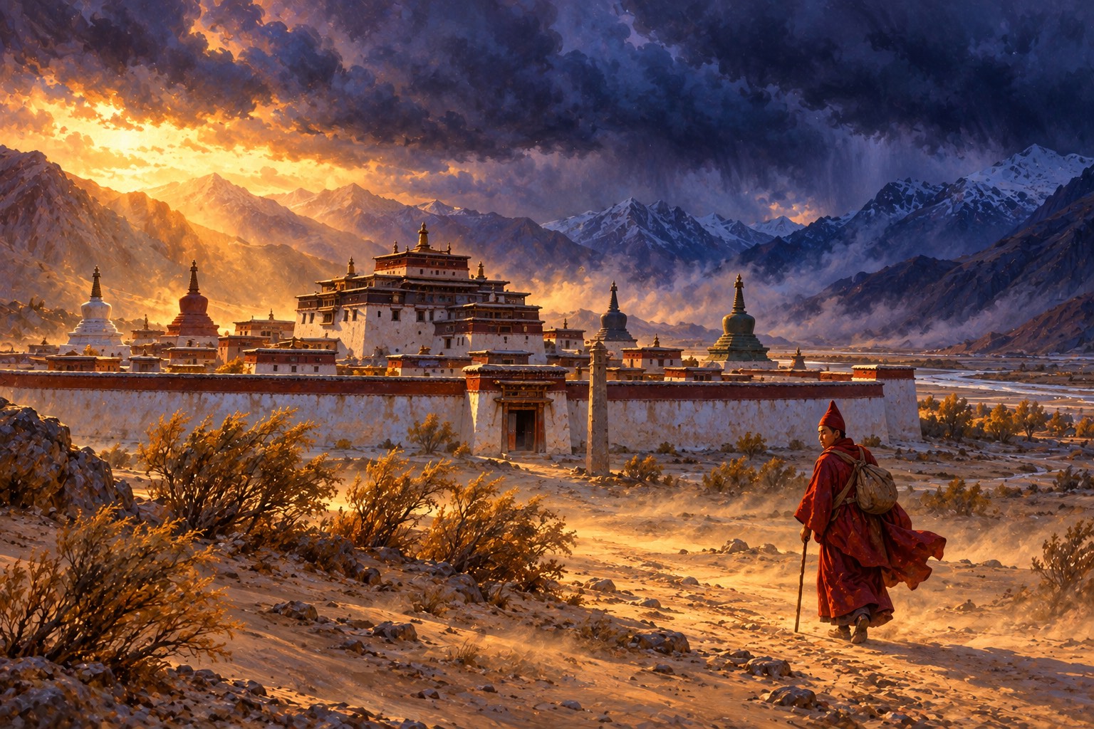 Under a dark stormy sky, a lone monk in a pointed red hat walks away from the circular white wall of Samye, looking back once.