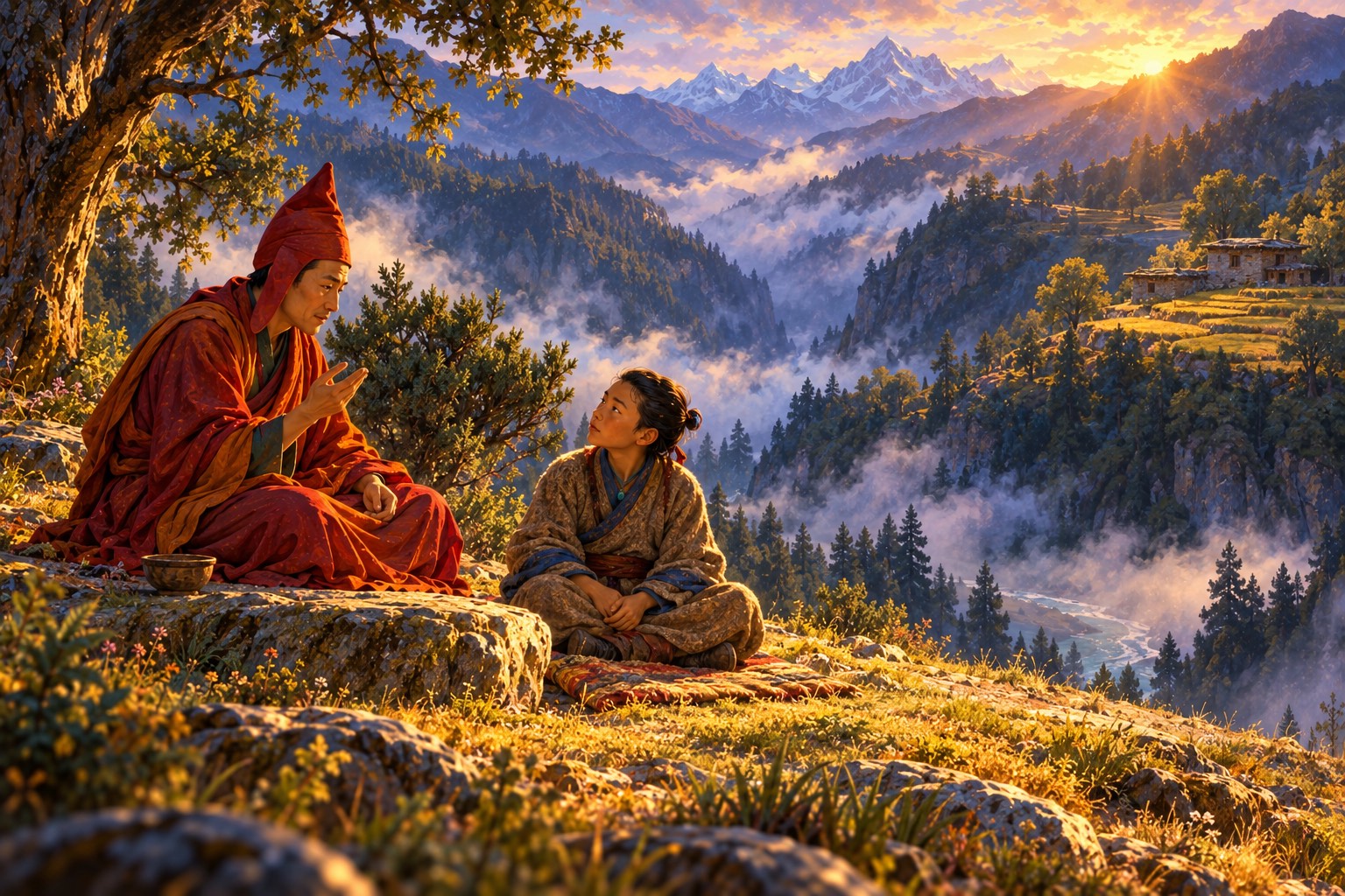 On a misty terrace above a forested gorge, a monk in a pointed red hat teaches a young boy in a grey wool robe who listens eagerly.