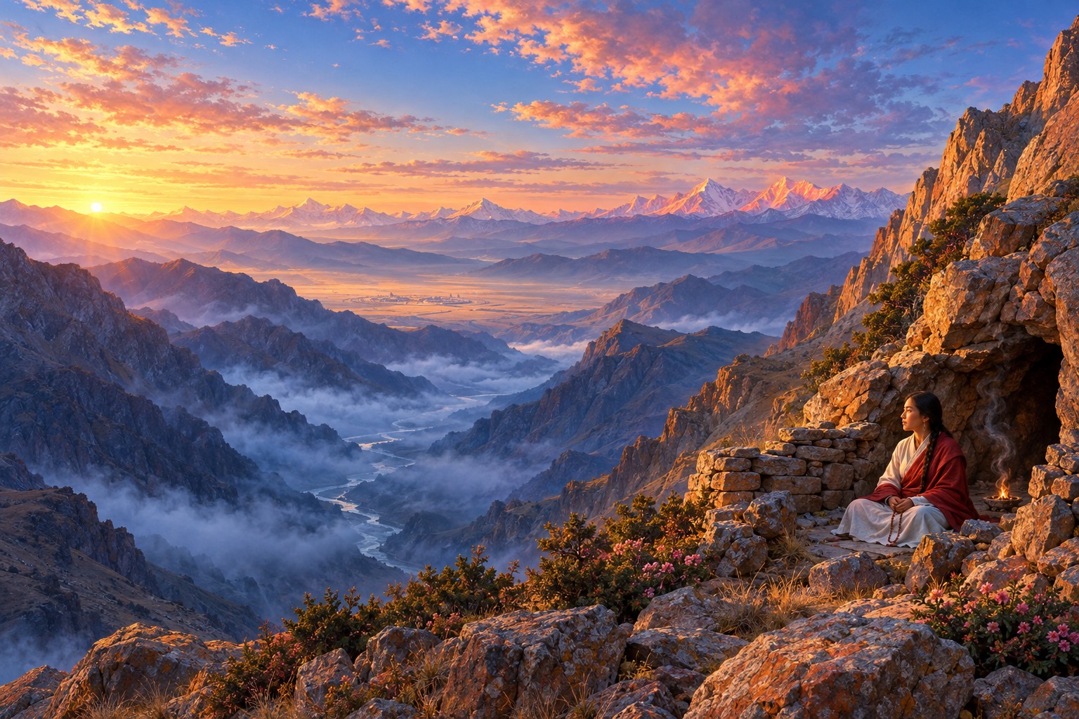 Dawn over a vast Tibetan valley seen from high on a rocky mountainside. A small figure of a woman in white and dark red sits at the mouth of a cave, looking out toward a distant circular monastery and snow peaks.