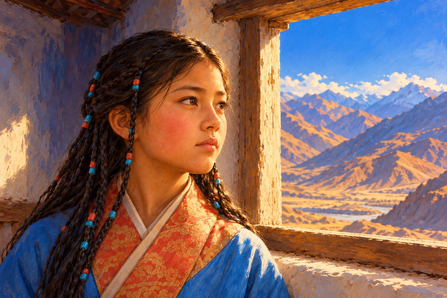A close portrait of a Tibetan girl with long braids hung with turquoise and coral beads, standing at a small window in warm light and gazing thoughtfully toward the mountains.