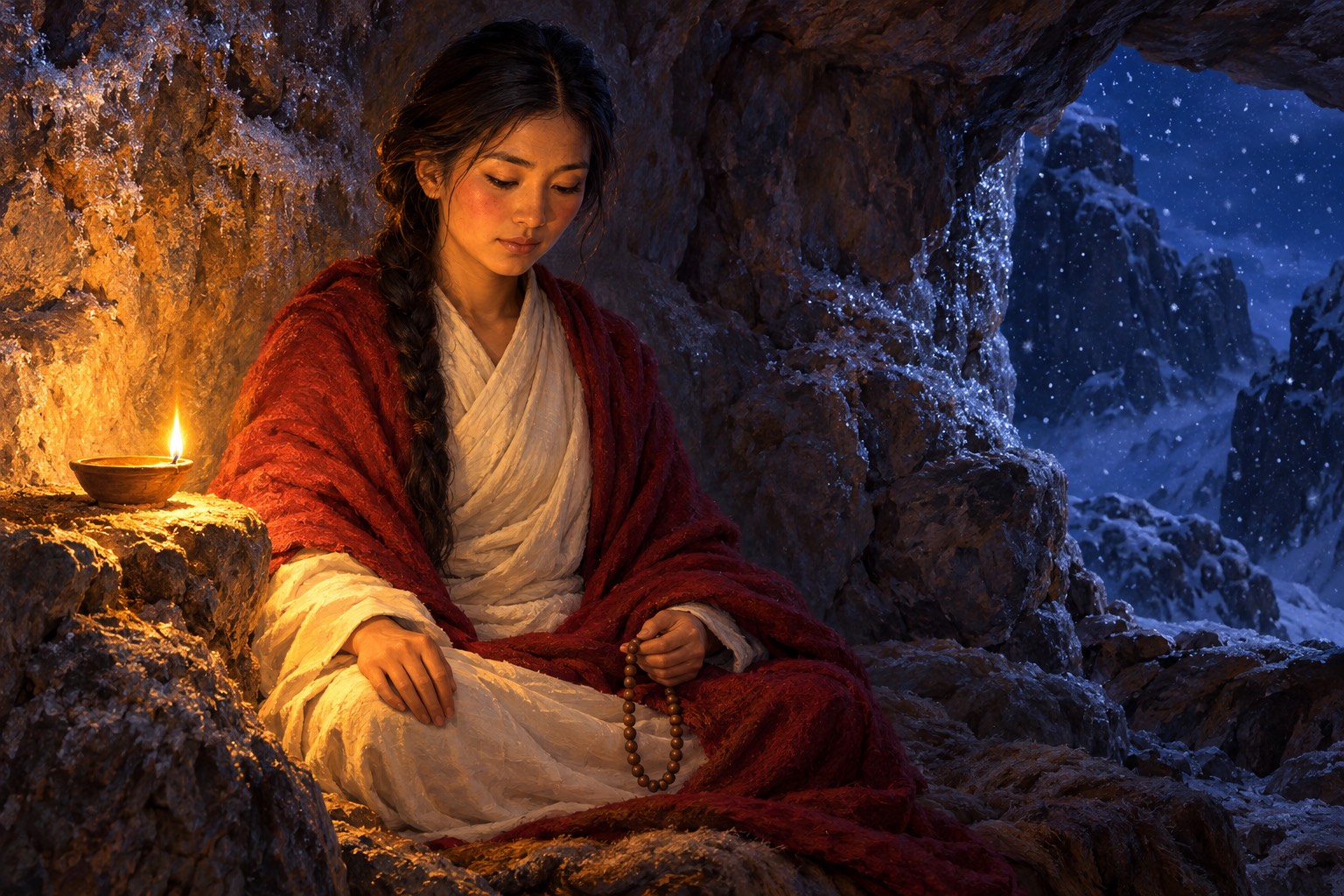 Inside a small frost-covered cave at night, a young Tibetan woman in a white robe and dark red shawl sits upright in meditation beside a single small lamp, holding a mala.