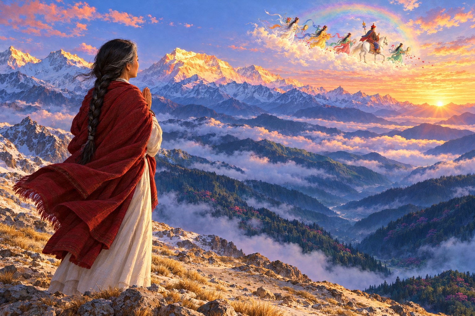 On a windy mountain pass at dawn, a woman in a dark red shawl stands with joined palms, seen partly from behind, watching a tiny figure of Guru Rinpoche on a white horse vanish into rainbow light far off in the sky.