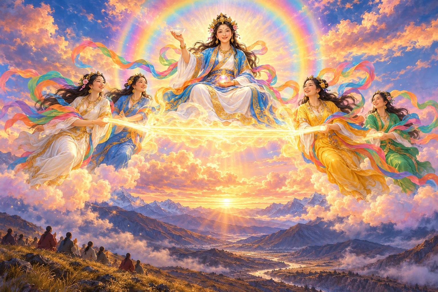 Yeshe Tsogyal as a radiant dakini, crowned with golden flowers and robed in white, blue and gold, rises in a sphere of rainbow light on a palanquin of light borne by four dakinis, while tiny disciples kneel far below.