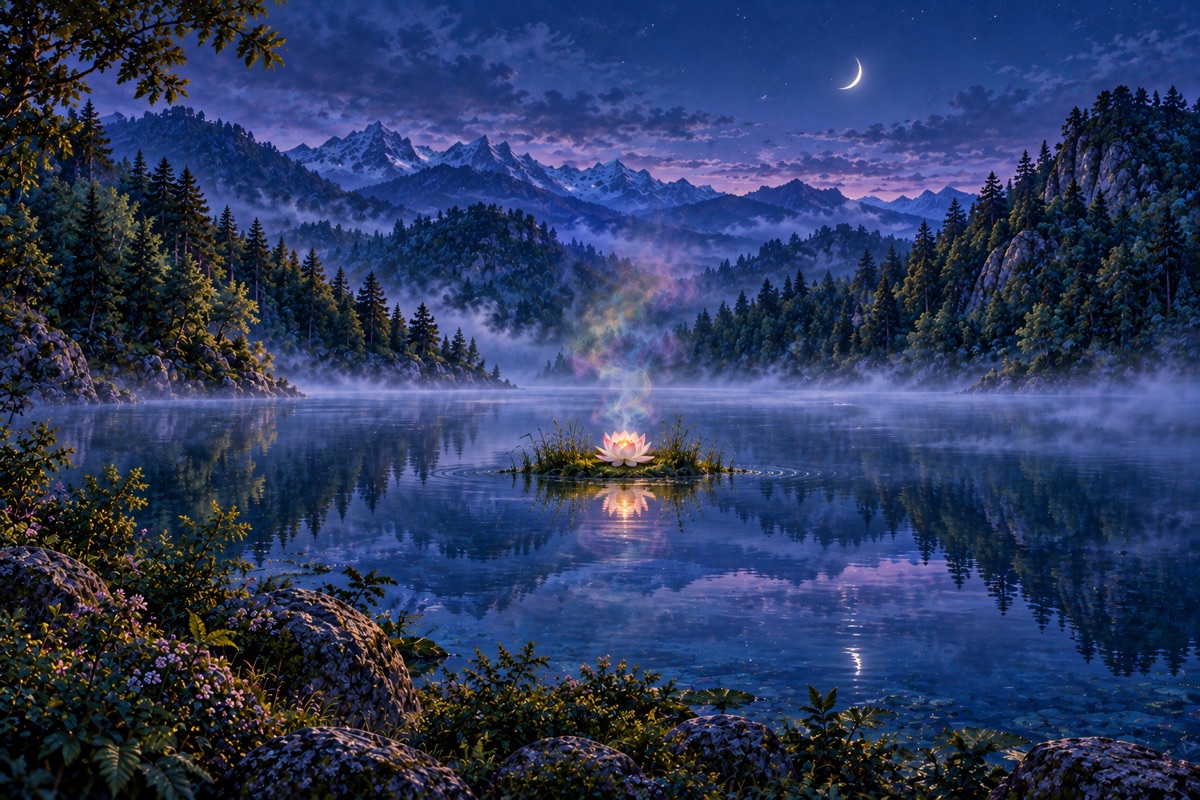 A round mountain lake at blue hour under a crescent moon, one glowing lotus on a small island as mist rises into a faint rainbow.